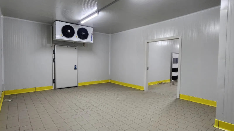 Inside a newly built cold room with a twin-fan evaporator, white insulated panels and a hinged door