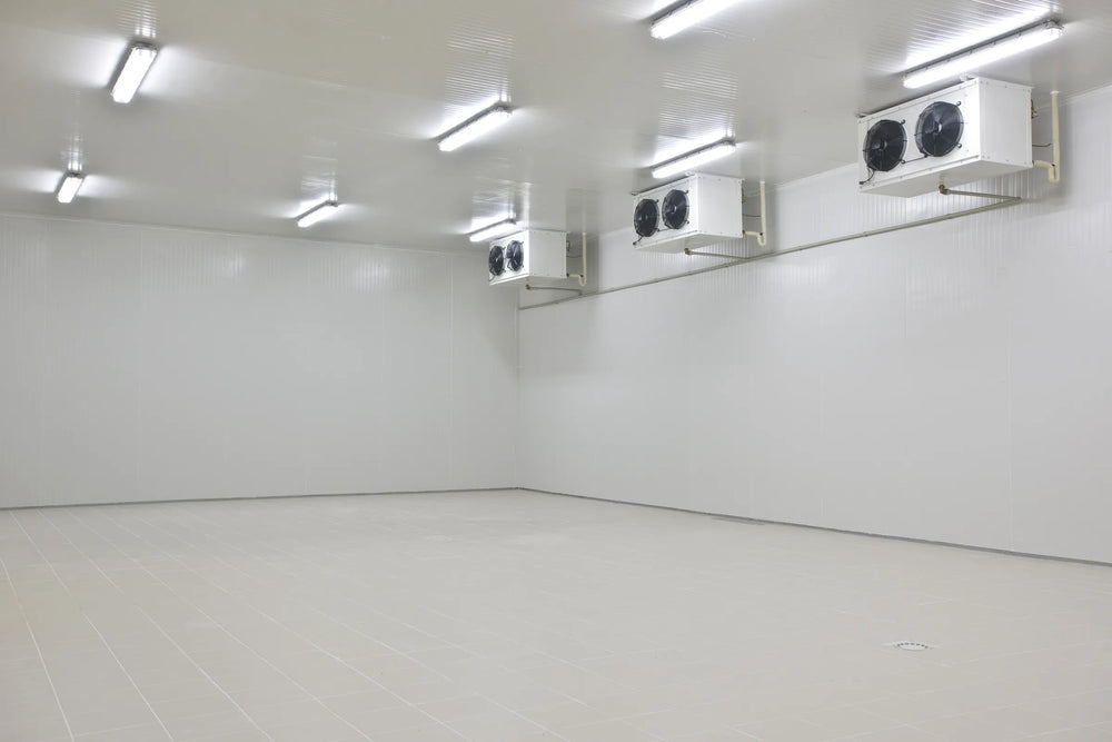 Empty cold room with three wall-mounted evaporators and strip lighting