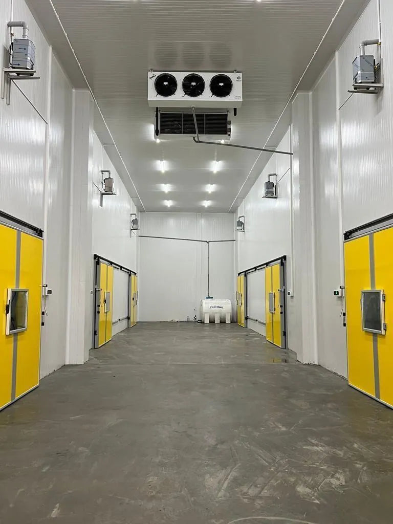 Aisle between cold rooms with yellow sliding doors on both sides and an evaporator overhead
